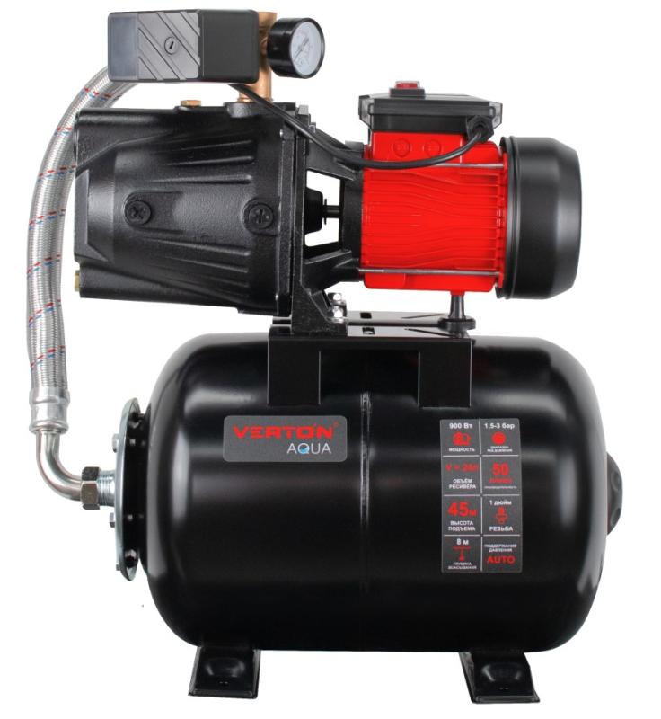 Насосная станция автоматическая Verton AQUA PS900CL/24(Удлиненный чугун. корпус,900Вт,230В/50Гц,Qmax 50л/мин,V24л,max забор 8м,Hmax45м, Øвх./вых.1", Р 1,5-3 бар,Tmax жидк.0-60°C,соед.шланг 32 мм,встр.эжектор, крыльчатка PPO,кнопка питания сети)