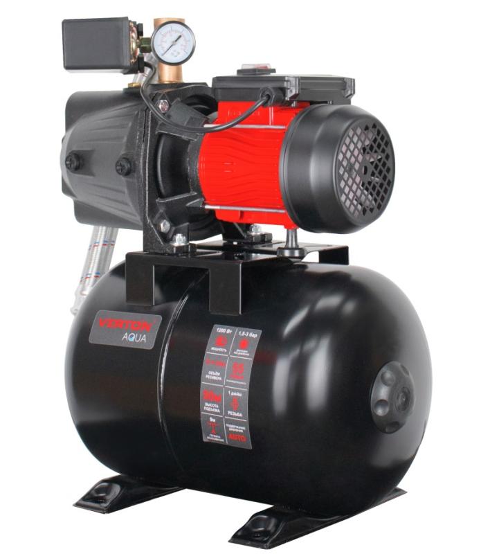Насосная станция автоматическая Verton AQUA PS1200CL/24(Удлиненный чугун. корпус,1200Вт,230В/50Гц,Qmax 55л/мин,V24л, max забор 9м,Hmax50м,Øвх./вых.1", Р 1,5-3 бар,Tmax жидк.0-60°C,соед.шланг 32 мм,встр. эжектор,крыльчатка PPO,кнопка питания сети)