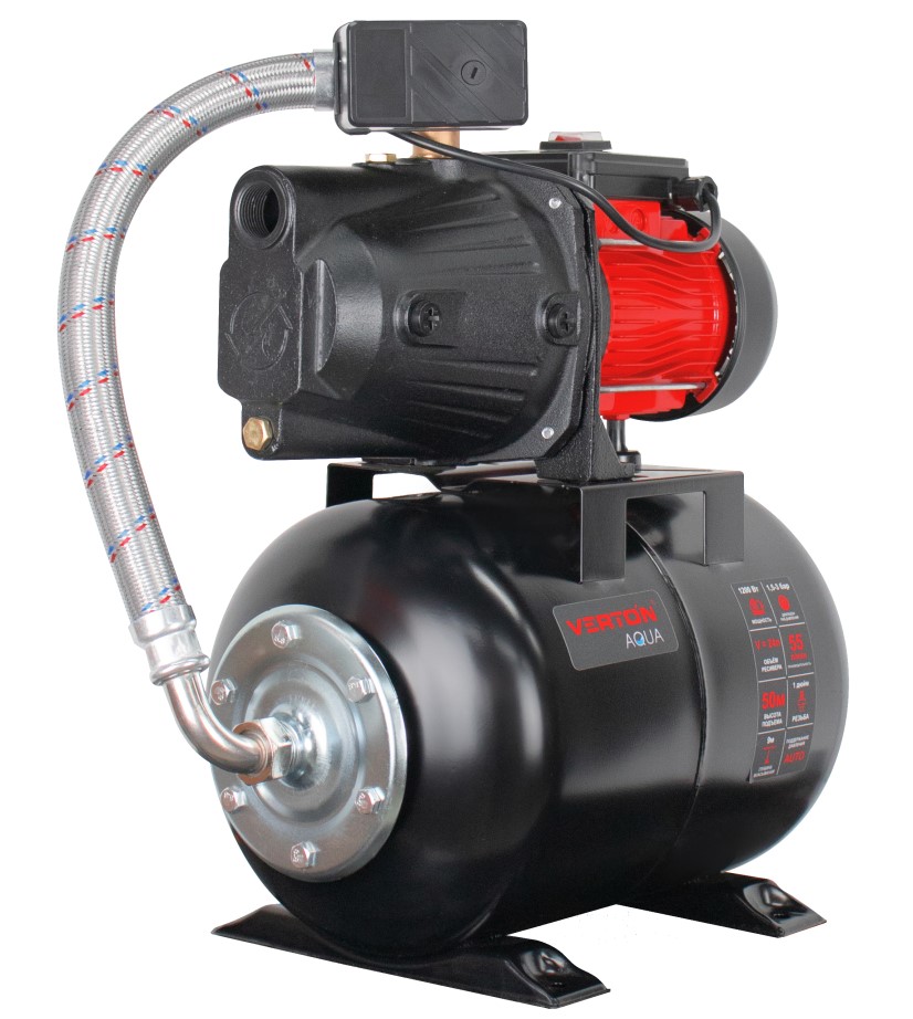 Насосная станция автоматическая Verton AQUA PS1200CL/24(Удлиненный чугун. корпус,1200Вт,230В/50Гц,Qmax 55л/мин,V24л, max забор 9м,Hmax50м,Øвх./вых.1", Р 1,5-3 бар,Tmax жидк.0-60°C,соед.шланг 32 мм,встр. эжектор,крыльчатка PPO,кнопка питания сети)