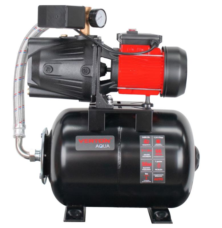 Насосная станция автоматическая Verton AQUA PS1400CL/24(Удлиненный чугун.корпус,1400Вт,230В/50Гц,Qmax 66л/мин,V24л,max забор 9м,Hmax56м,Ø вх./вых.1",Р 1,5-3 бар,Tmax жидк.0-60°C,соед.шланг 32 мм,встр.эжектор, крыльчатка PPO,кнопка питания сети)