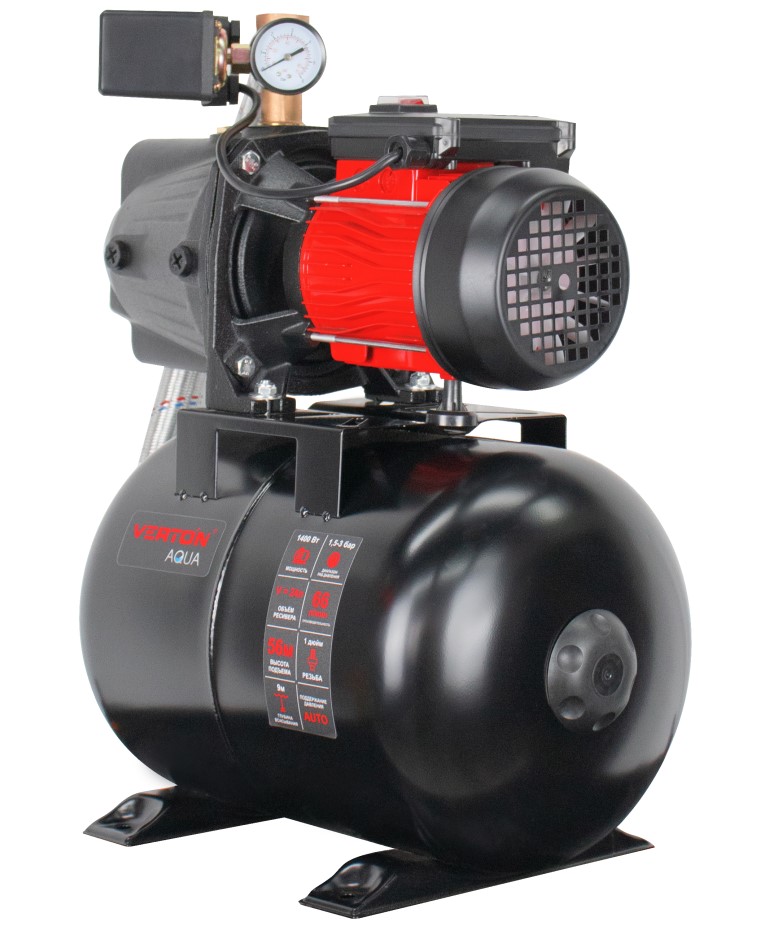Насосная станция автоматическая Verton AQUA PS1400CL/24(Удлиненный чугун.корпус,1400Вт,230В/50Гц,Qmax 66л/мин,V24л,max забор 9м,Hmax56м,Ø вх./вых.1",Р 1,5-3 бар,Tmax жидк.0-60°C,соед.шланг 32 мм,встр.эжектор, крыльчатка PPO,кнопка питания сети)
