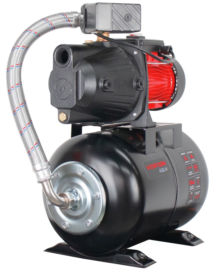 Насосная станция автоматическая Verton AQUA PS1400CL/24(Удлиненный чугун.корпус,1400Вт,230В/50Гц,Qmax 66л/мин,V24л,max забор 9м,Hmax56м,Ø вх./вых.1",Р 1,5-3 бар,Tmax жидк.0-60°C,соед.шланг 32 мм,встр.эжектор, крыльчатка PPO,кнопка питания сети)