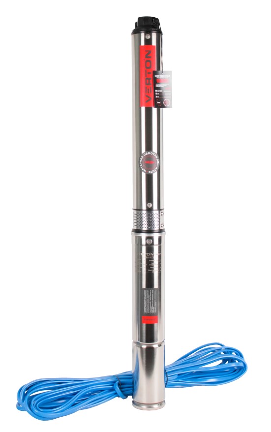 Скважинный центробежный многоступенчатый насос Verton AQUA DW50/370V(370Вт,230В/50Гц,Qmax 60л/мин,Hmax 50м, Ø76мм,верх.забор,P 5.1бар,глуб.70м,Ø подкл.1",мин диам.скважины 100 мм, дл.кабеля 20 м,11 крыльч.,корпус из нерж.ст.,медн.обмотка)