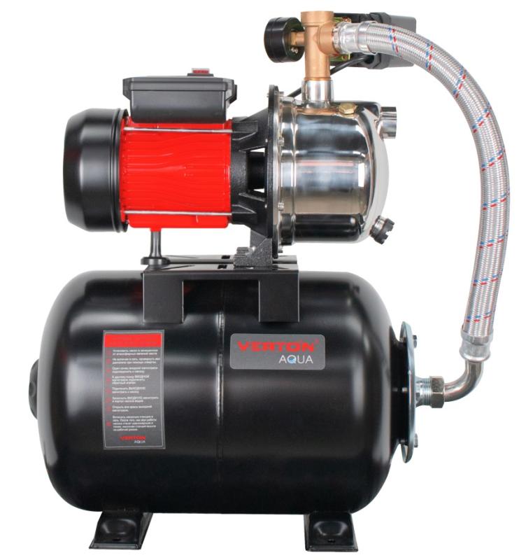 Насосная станция автоматическая Verton AQUA PS900SB/24(Нержав.сталь. корпус,900Вт,230В/50Гц,Qmax 50л/мин,V24л,max забор 8м,Hmax45м,Ø вх./вых.1",Р 1,5-3 бар,Tmax жидк. 0-60°C,соед. шланг 32 мм,встр.эжектор,крыльчатка PPO,кнопка питания сети)