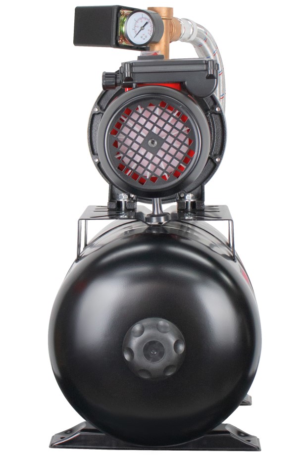 Насосная станция автоматическая Verton AQUA PS900SB/24(Нержав.сталь. корпус,900Вт,230В/50Гц,Qmax 50л/мин,V24л,max забор 8м,Hmax45м,Ø вх./вых.1",Р 1,5-3 бар,Tmax жидк. 0-60°C,соед. шланг 32 мм,встр.эжектор,крыльчатка PPO,кнопка питания сети)