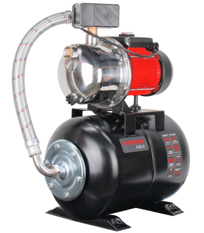 Насосная станция автоматическая Verton AQUA PS1200SB/24(Нержав.сталь. корпус,1200Вт,230В/50Гц,Qmax 55л/мин,V24л,max забор 9м,Hmax50м,Øвх./вых.1",Р 1,5-3 бар,Tmax жидк. 0-60°C,соед.шланг 32 мм,встр.эжектор,крыльчатка PPO,кнопка питания сети)