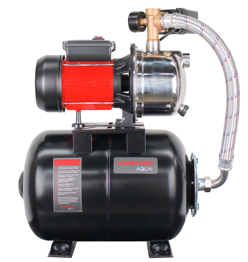 Насосная станция автоматическая Verton AQUA PS1200SB/24(Нержав.сталь. корпус,1200Вт,230В/50Гц,Qmax 55л/мин,V24л,max забор 9м,Hmax50м,Øвх./вых.1",Р 1,5-3 бар,Tmax жидк. 0-60°C,соед.шланг 32 мм,встр.эжектор,крыльчатка PPO,кнопка питания сети)