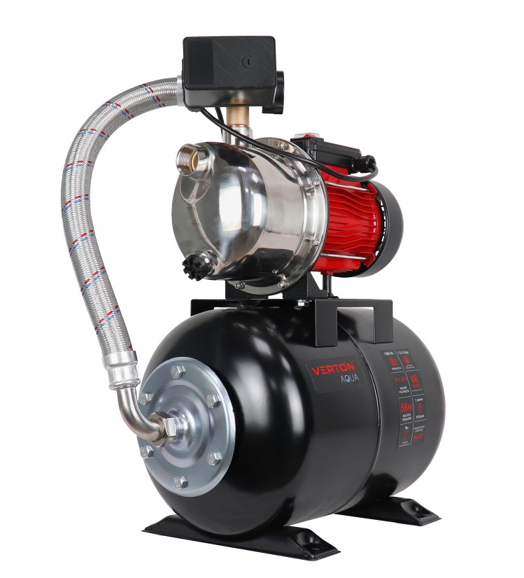Насосная станция автоматическая Verton AQUA PS1400SB/24 (Нержав.сталь.корпус,1400Вт,230В/50Гц,Qmax 66л/мин,V24л,max забор 9м,Hmax56м,Øвх./вых.1",Р 1,5-3 бар,Tmax жидк.0-60°C,соед.шланг 32 мм,встр.эжектор,крыльчатка PPO,кнопка питания сети)