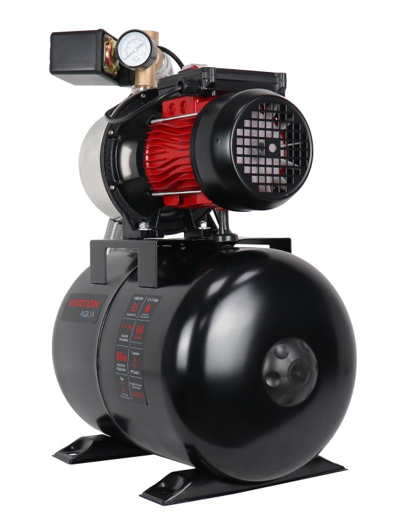 Насосная станция автоматическая Verton AQUA PS1400SB/24 (Нержав.сталь.корпус,1400Вт,230В/50Гц,Qmax 66л/мин,V24л,max забор 9м,Hmax56м,Øвх./вых.1",Р 1,5-3 бар,Tmax жидк.0-60°C,соед.шланг 32 мм,встр.эжектор,крыльчатка PPO,кнопка питания сети)