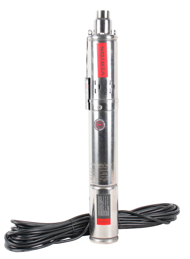 Скважинный винтовой насос Verton AQUA DW70/370S (370 Вт, 230 В//50 Гц, Q max 30 л/мин, H max 70 м, диам. 76 мм, верх. забор, давл. 7.1 бар, глуб. 30 м, 1", мин диам. скважины 100 мм, дл. кабеля 20 м, корпус из нерж. ст., медн. обмотка)