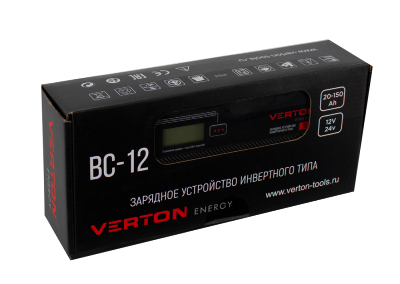 Зарядное устройство VERTON  Energy BC-12 (230/50 В/Гц, мощн. 80Вт. напряж. аккум. 12/24 В,емкость обсл. аккум.20-150Ач,заряд. ток 12А, раб. темп. (-20) - (+40) С, LCD) 10 шт/уп