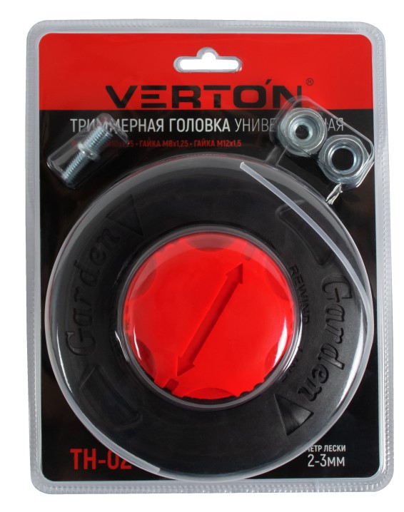 Головка триммерная TH02 VERTON GARDEN М10*1,25 LH (полуавтомат, быстрозажимная, М10*1,25 LH; Ø лески 2-3 мм,  в компл. переходники М8*1,25 LH; М12*1,5; винт М8-М10*1,25 LH, повышенная прочность, PA)