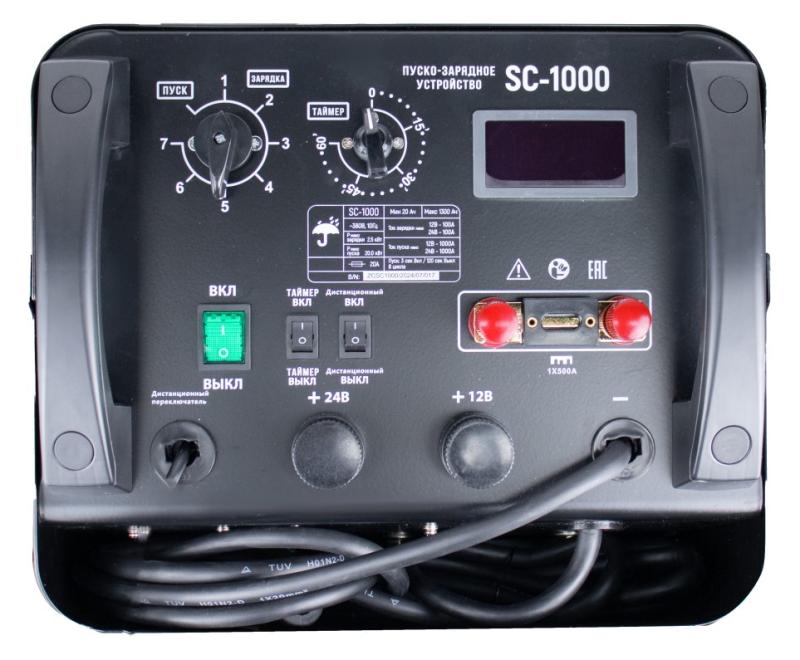 Пуско-зарядное устройство VERTON Energy SC-1000 ДУ (напр.сети 380/50 В/Гц,напр.АКБ 12/24В,емкость зар. АКБ (мин/макс)20-1300 Ач,ток зар/зап. 100A/1000А,WET,12В потр.мощн.0,6/12кВт,8 реж. зар,IP20, пульт ДУ)