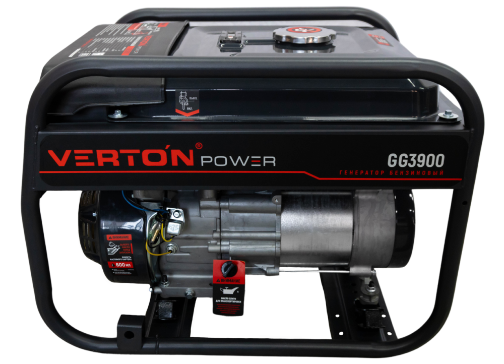 Генератор бензиновый VERTON POWER GG3900 (2,8/3,2 кВт, 230В, 7л.с., 212 см3, Цифр. дисплей (вольтметр, частота, моточасы), хром. теплоизолятор глушителя, ручной старт, DC 12В,  розетки 2*16А, бак 12л)