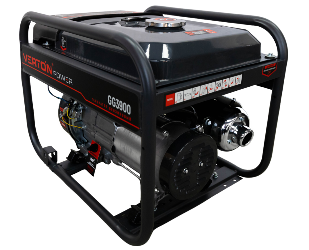 Генератор бензиновый VERTON POWER GG3900 (2,8/3,2 кВт, 230В, 7л.с., 212 см3, Цифр. дисплей (вольтметр, частота, моточасы), хром. теплоизолятор глушителя, ручной старт, DC 12В,  розетки 2*16А, бак 12л)