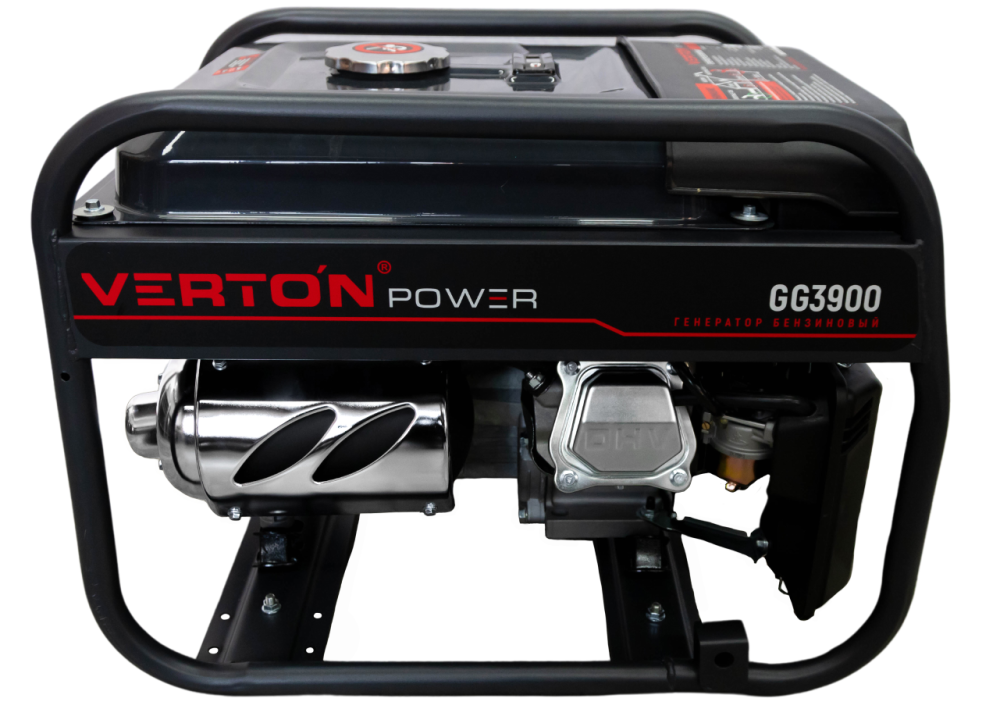 Генератор бензиновый VERTON POWER GG3900 (2,8/3,2 кВт, 230В, 7л.с., 212 см3, Цифр. дисплей (вольтметр, частота, моточасы), хром. теплоизолятор глушителя, ручной старт, DC 12В,  розетки 2*16А, бак 12л)