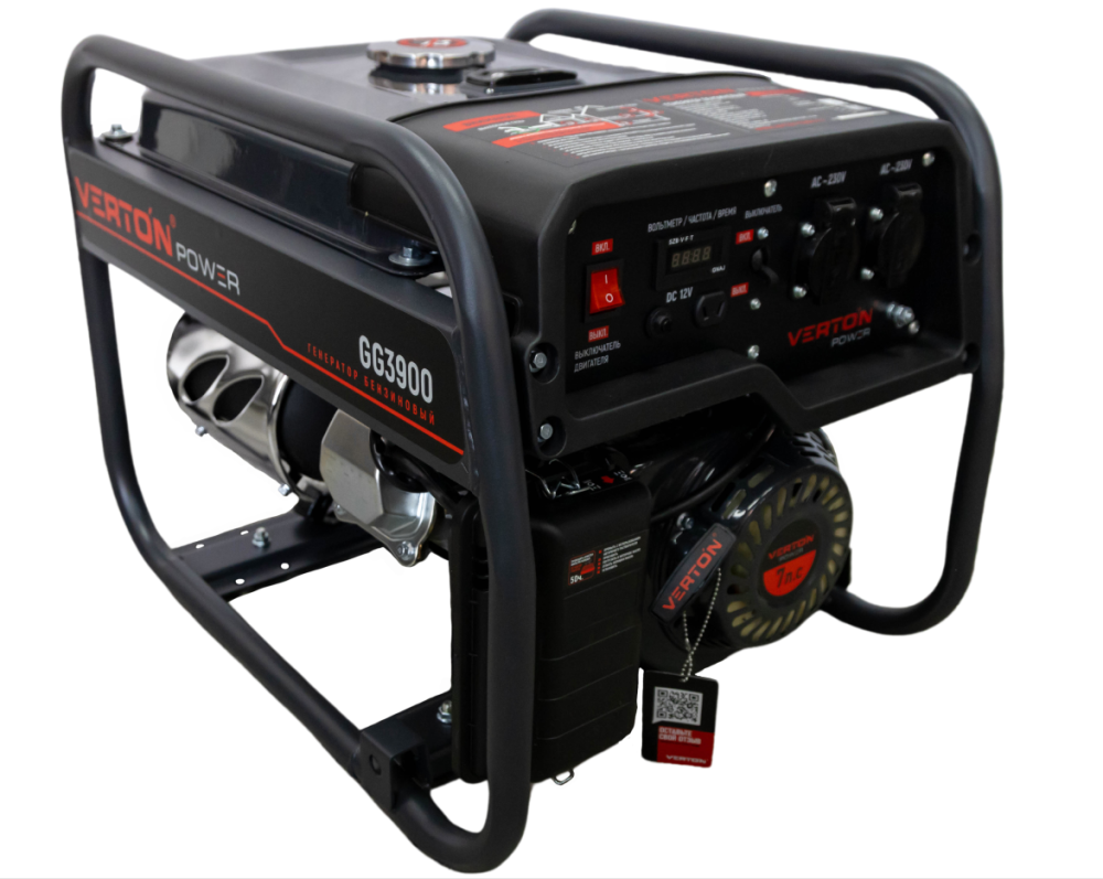Генератор бензиновый VERTON POWER GG3900 (2,8/3,2 кВт, 230В, 7л.с., 212 см3, Цифр. дисплей (вольтметр, частота, моточасы), хром. теплоизолятор глушителя, ручной старт, DC 12В,  розетки 2*16А, бак 12л)
