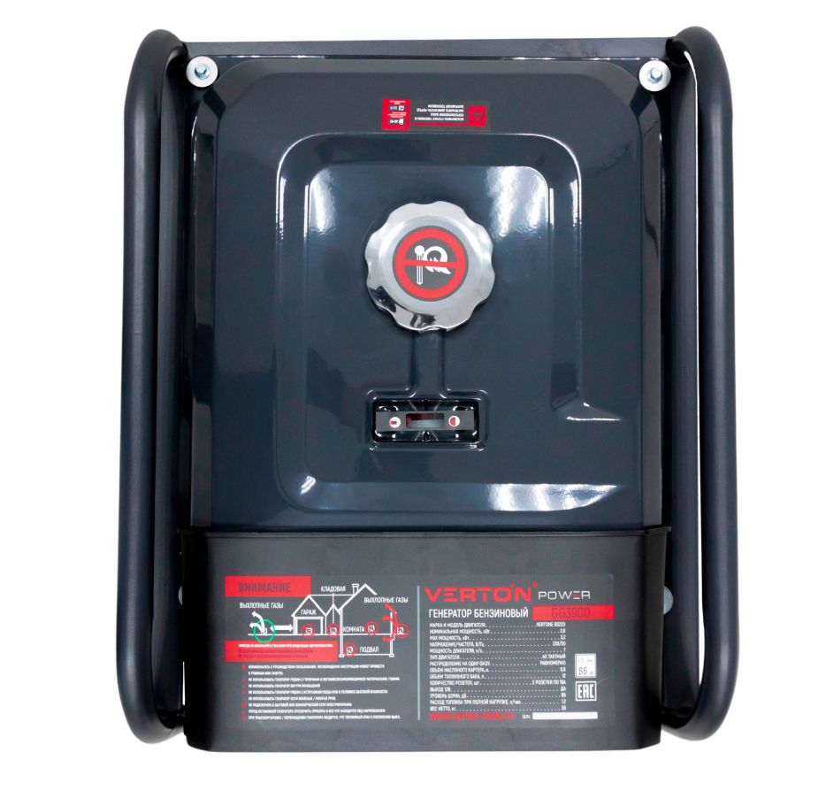 Генератор бензиновый VERTON POWER GG3900 (2,8/3,2 кВт, 230В, 7л.с., 212 см3, Цифр. дисплей (вольтметр, частота, моточасы), хром. теплоизолятор глушителя, ручной старт, DC 12В,  розетки 2*16А, бак 12л)