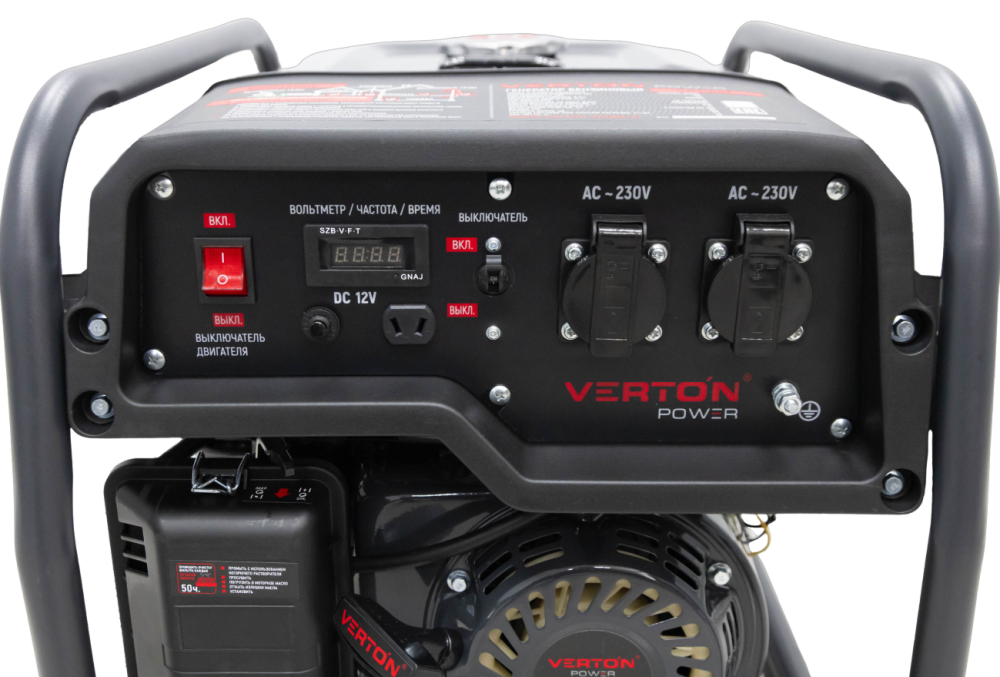 Генератор бензиновый VERTON POWER GG3900 (2,8/3,2 кВт, 230В, 7л.с., 212 см3, Цифр. дисплей (вольтметр, частота, моточасы), хром. теплоизолятор глушителя, ручной старт, DC 12В,  розетки 2*16А, бак 12л)