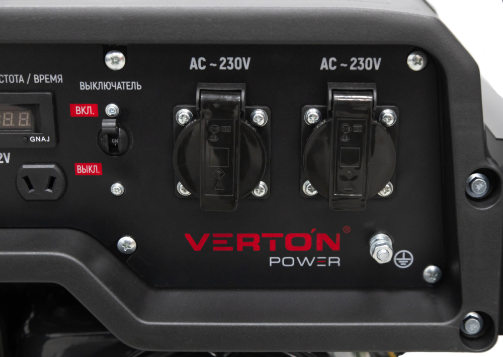 Генератор бензиновый VERTON POWER GG3900 (2,8/3,2 кВт, 230В, 7л.с., 212 см3, Цифр. дисплей (вольтметр, частота, моточасы), хром. теплоизолятор глушителя, ручной старт, DC 12В,  розетки 2*16А, бак 12л)