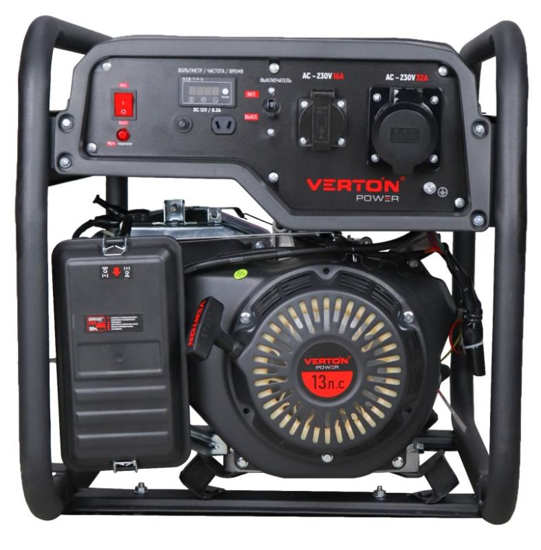 Генератор бензиновый VERTON POWER GG6500 (5,0/5,5 кВт, 230В, 13л.с., 389 см3, Цифр. дисплей (вольтметр, частота, моточасы), хром. теплоизолятор глушителя, ручной старт, DC 12В,  розетки 1*16А+1*32А+вилка, бак 22л, колеса-ручки)