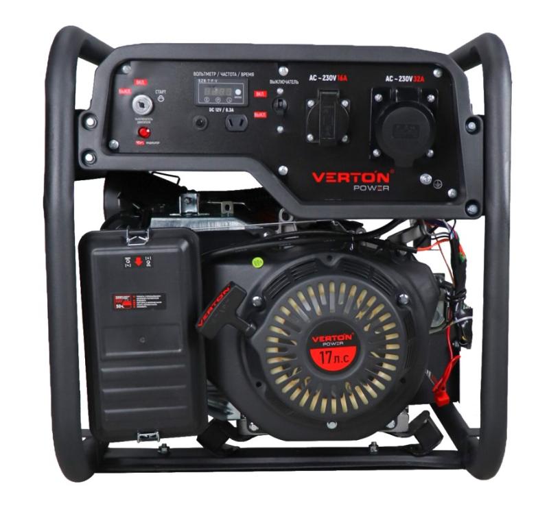 Генератор бензиновый VERTON POWER GG7500ES (6,0/6,5кВт,230В,17л.с.,445см3,Цифр.дисплей(вольтметр,частота,моточасы),хром. глушитель,электростартер+ручной старт,DC12В,розетки 1*16А+1*32А+вилка,бак 22л,медь,АКБ12V 18Ah,силовая вилка,колеса-ручки)