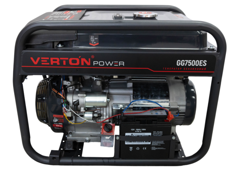 Генератор бензиновый VERTON POWER GG7500ES (6,0/6,5кВт,230В,17л.с.,445см3,Цифр.дисплей(вольтметр,частота,моточасы),хром. глушитель,электростартер+ручной старт,DC12В,розетки 1*16А+1*32А+вилка,бак 22л,медь,АКБ12V 18Ah,силовая вилка,колеса-ручки)