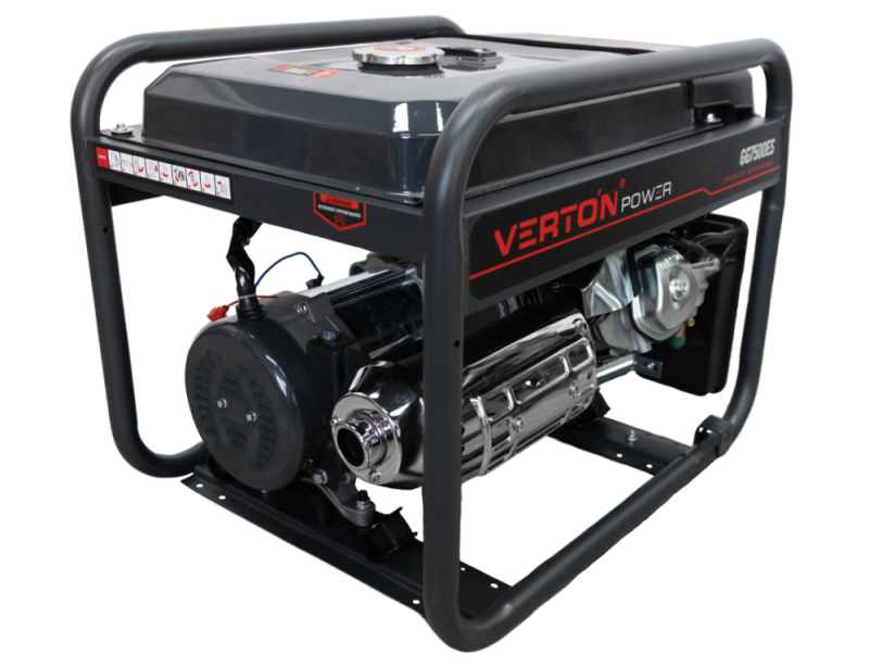 Генератор бензиновый VERTON POWER GG7500ES (6,0/6,5кВт,230В,17л.с.,445см3,Цифр.дисплей(вольтметр,частота,моточасы),хром. глушитель,электростартер+ручной старт,DC12В,розетки 1*16А+1*32А+вилка,бак 22л,медь,АКБ12V 18Ah,силовая вилка,колеса-ручки)