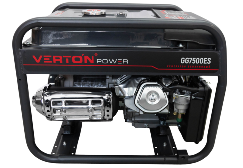 Генератор бензиновый VERTON POWER GG7500ES (6,0/6,5кВт,230В,17л.с.,445см3,Цифр.дисплей(вольтметр,частота,моточасы),хром. глушитель,электростартер+ручной старт,DC12В,розетки 1*16А+1*32А+вилка,бак 22л,медь,АКБ12V 18Ah,силовая вилка,колеса-ручки)