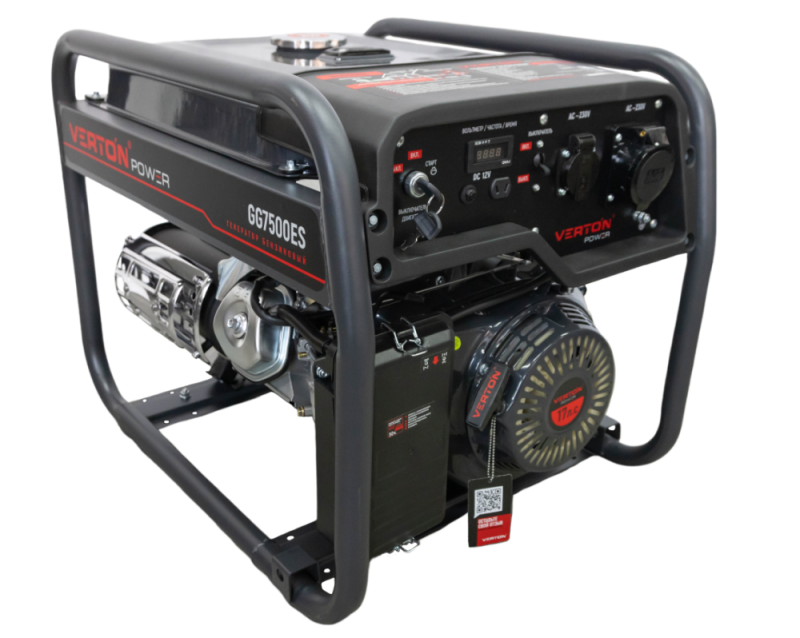 Генератор бензиновый VERTON POWER GG7500ES (6,0/6,5кВт,230В,17л.с.,445см3,Цифр.дисплей(вольтметр,частота,моточасы),хром. глушитель,электростартер+ручной старт,DC12В,розетки 1*16А+1*32А+вилка,бак 22л,медь,АКБ12V 18Ah,силовая вилка,колеса-ручки)