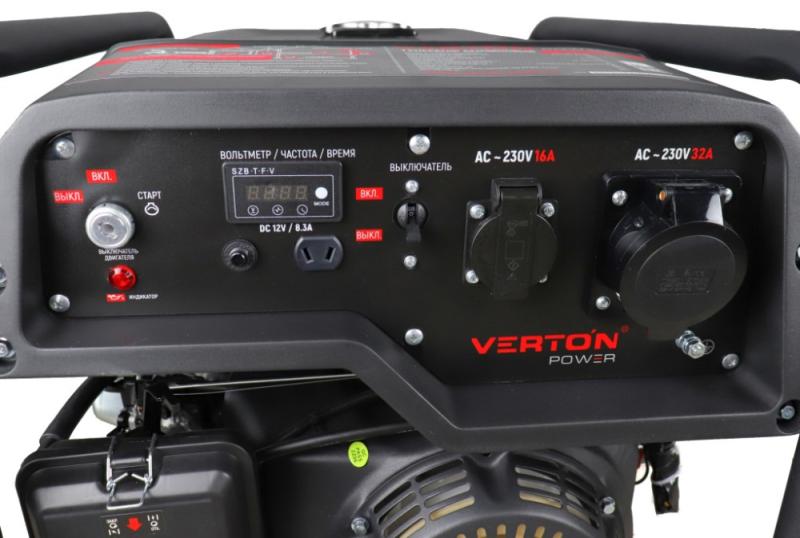 Генератор бензиновый VERTON POWER GG7500ES (6,0/6,5кВт,230В,17л.с.,445см3,Цифр.дисплей(вольтметр,частота,моточасы),хром. глушитель,электростартер+ручной старт,DC12В,розетки 1*16А+1*32А+вилка,бак 22л,медь,АКБ12V 18Ah,силовая вилка,колеса-ручки)