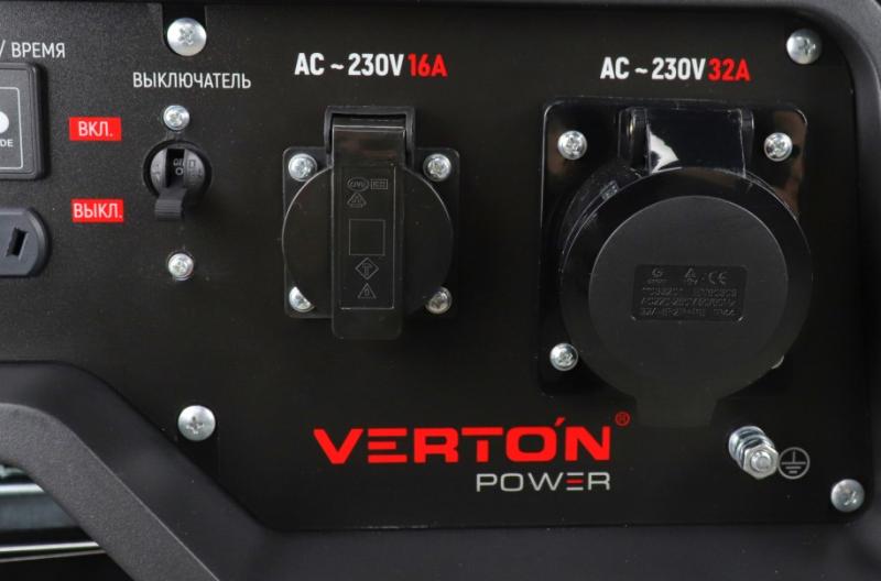Генератор бензиновый VERTON POWER GG7500ES (6,0/6,5кВт,230В,17л.с.,445см3,Цифр.дисплей(вольтметр,частота,моточасы),хром. глушитель,электростартер+ручной старт,DC12В,розетки 1*16А+1*32А+вилка,бак 22л,медь,АКБ12V 18Ah,силовая вилка,колеса-ручки)