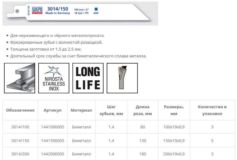 Полотно для сабельной пилы 3014/150 BiM для стали, нерж.стали 1,5-2,5мм  5шт/уп /WILPU
