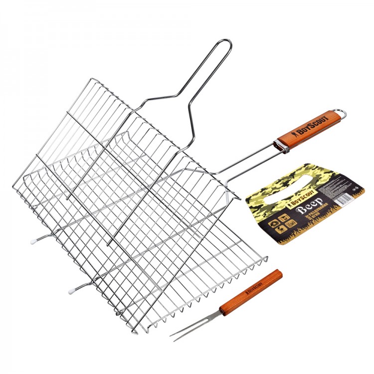 Решетка-гриль для стейков с вилкой, 70(+5) x 45 x 27 x 2 cм, картонный веер в подарок/BOYSCOUT