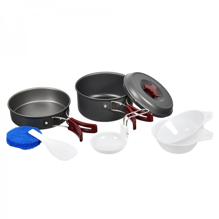 Набор посуды "Туристический" на 1-2 персоны, анодированный алюм., (кастрюля с крышкой (1л), сковорода, миски-чашки пластиковые (2 шт.), половник, лопатка, губка для мытья посуды), чехол /BOYSCOUT