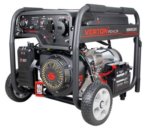 Генератор бензиновый VERTON POWER GG8500ES/ATS (7,0/7,5кВт,230В,18л.с.458см3,возможность подключения блока ATS,цифр.дисп.(вольтметр,частота,моточасы),электростартер+ручной старт,DC12В,розетки1*16А+1*32А,бак 22л,медь,АКБ12V18Ah,сил.вилка,колеса-ручки)