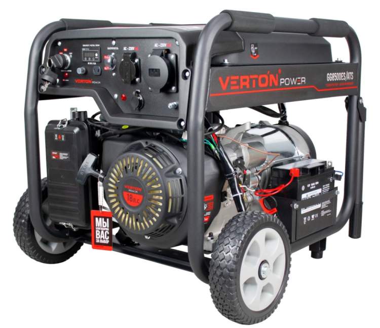 Генератор бензиновый VERTON POWER GG8500ES/ATS (7,0/7,5кВт,230В,18л.с.458см3,возможность подключения блока ATS,цифр.дисп.(вольтметр,частота,моточасы),электростартер+ручной старт,DC12В,розетки1*16А+1*32А,бак 22л,медь,АКБ12V18Ah,сил.вилка,колеса-ручки)