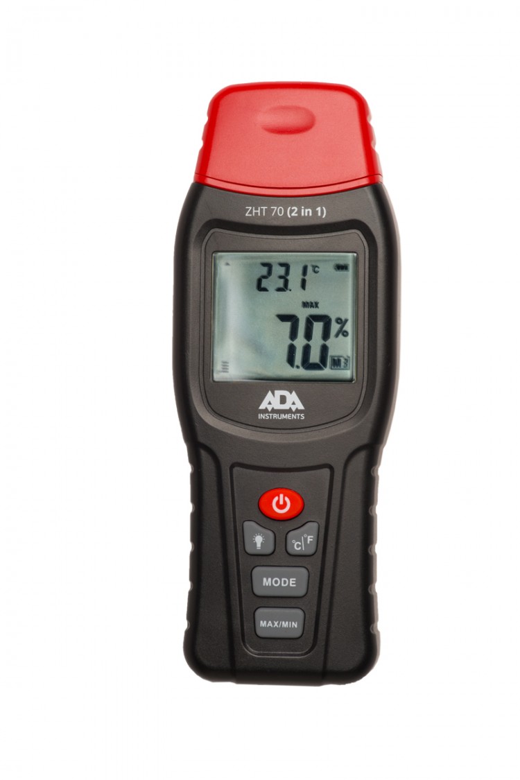 Измеритель влажности и температуры контактный ADA ZНТ 70 (2 в 1) древесина, строймат., темп.возд.) Измеритель влажности ADA ZHT 100 (6 in 1) оснащен датчиком, который применяется для измерения параметров внешней среды хранения и производственных складов. Прибор измеряет влажность окружающей среды и температуру, температуру влажного датчика и точку росы. 

Измеритель влажности ADA ZHT 100 (6 in 1) имеет подсветку ЖК дисплея. Прибор легок в управлении и удобен в транспортировке. 
Подключаемый внешний датчик температуры используется для измерения поверхности объекта и внутренней температуры. Эти данные могут применяться для расчета точки конденсации поверхности. Прибор имеет функцию удержания MAX/MIN данных и выбор единицы измерения температуры.
Измеритель влажности ADA ZHT 100 (6 in 1) широко применяется при хранении продуктов и транспортировке, в хранении антиквариата, в сельском хозяйстве, лесной промышленности, скотоводстве, в строительной инспекции, в ремонте сети трубопроводов и т.д. Этот прибор для измерения влажности и температуры идеально подходит для практического применения как в профессиональной деятельности, так и в быту.

Функции:
Измерение влажности и температуры воздуха
Измерение точки росы
Подключаемый внешний датчик температуры
MAX/MIN измерения
Измерения °С и °F
Температура влажного шарика

Точность измерения влажности, % ОВ	±3%RH
Точность зонда типа К	±1.5°C
Определение Min/ Max температуры	v
Вычисление разницы температур	v
Источник питания	1х 9В (6F22/6LR61)
Диапазон измерения температур, °С	0..+50