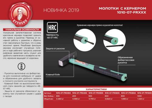 Молоток со встроенным кернером, 400г, фибергласс, серия Кулибин, Sturm!