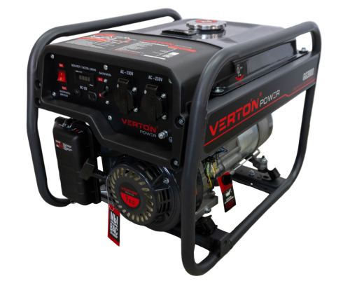 Генератор бензиновый VERTON POWER GG3900 (2,8/3,2 кВт, 230В, 7л.с., 212 см3, Цифр. дисплей (вольтметр, частота, моточасы), хром. теплоизолятор глушителя, ручной старт, DC 12В,  розетки 2*16А, бак 12л)