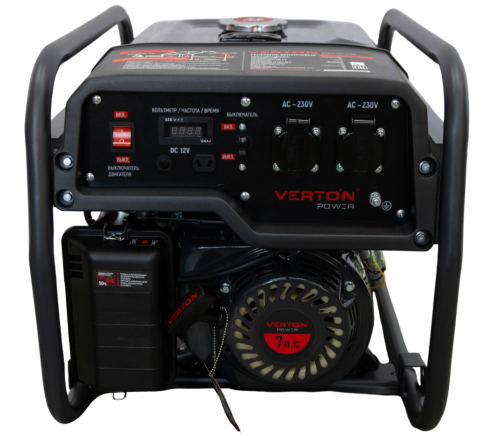 Генератор бензиновый VERTON POWER GG3900 (2,8/3,2 кВт, 230В, 7л.с., 212 см3, Цифр. дисплей (вольтметр, частота, моточасы), хром. теплоизолятор глушителя, ручной старт, DC 12В,  розетки 2*16А, бак 12л)
