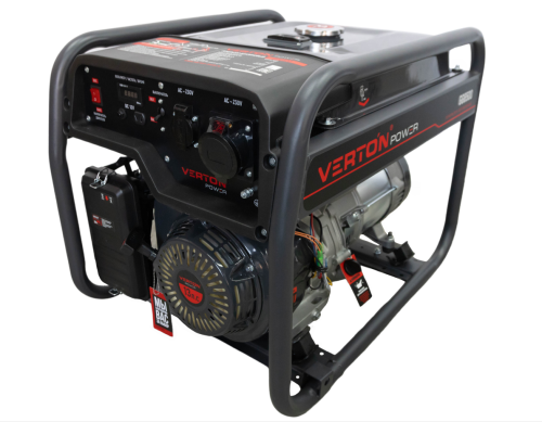 Генератор бензиновый VERTON POWER GG6500 (5,0/5,5 кВт, 230В, 13л.с., 389 см3, Цифр. дисплей (вольтметр, частота, моточасы), хром. теплоизолятор глушителя, ручной старт, DC 12В,  розетки 1*16А+1*32А+вилка, бак 22л, колеса-ручки)