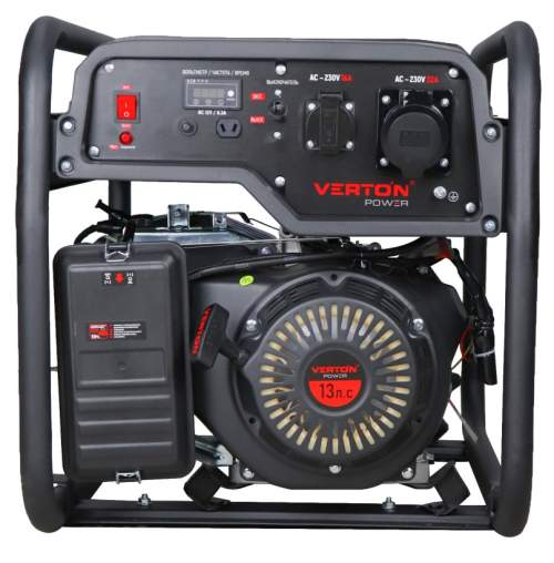 Генератор бензиновый VERTON POWER GG6500 (5,0/5,5 кВт, 230В, 13л.с., 389 см3, Цифр. дисплей (вольтметр, частота, моточасы), хром. теплоизолятор глушителя, ручной старт, DC 12В,  розетки 1*16А+1*32А+вилка, бак 22л, колеса-ручки)