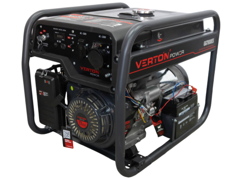 Генератор бензиновый VERTON POWER GG7500ES (6,0/6,5кВт,230В,17л.с.,445см3,Цифр.дисплей(вольтметр,частота,моточасы),хром. глушитель,электростартер+ручной старт,DC12В,розетки 1*16А+1*32А+вилка,бак 22л,медь,АКБ12V 18Ah,силовая вилка,колеса-ручки)